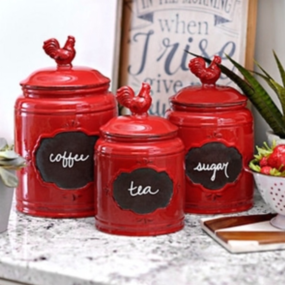 3 red chalk kitchen canisters